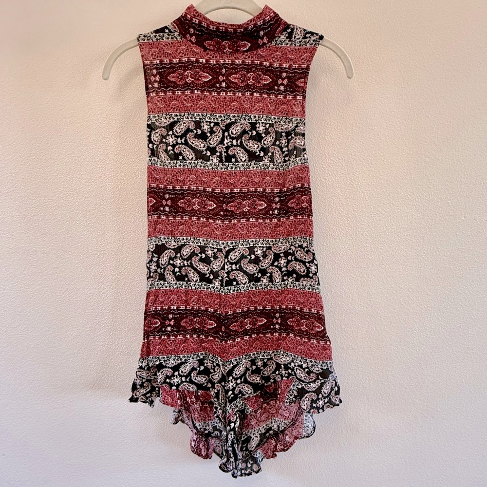 Sleeveless Paisley Romper in Red, Black and White with a Tie in the Back